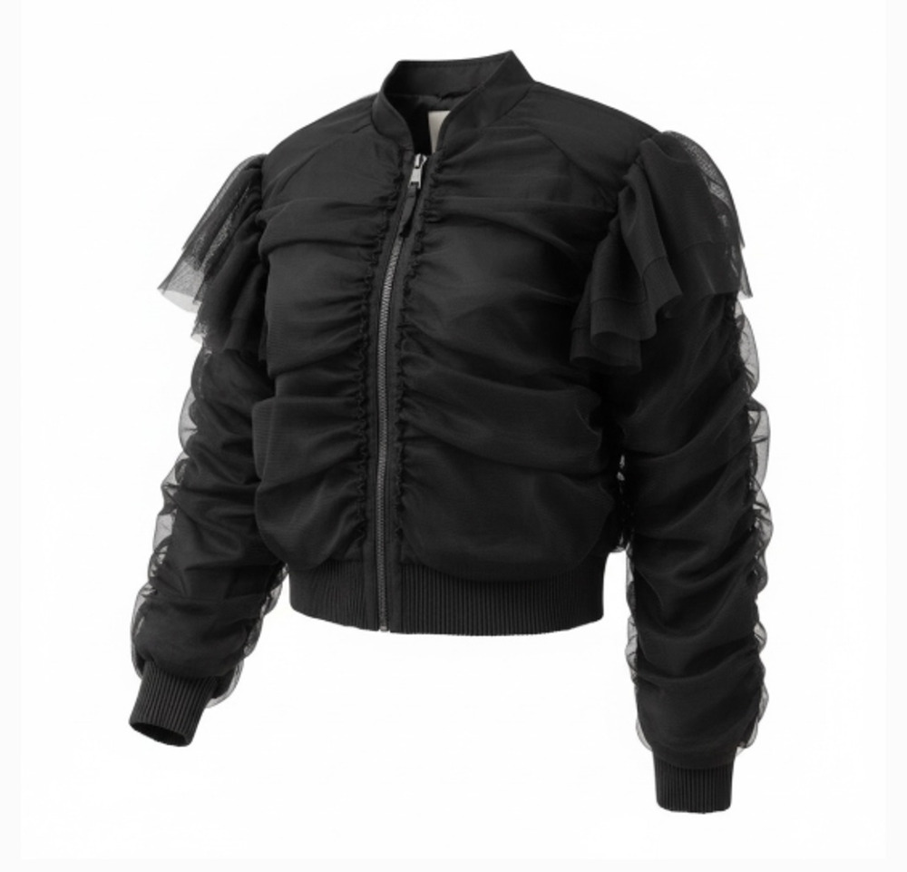 Anthropologie Ruffle Bomber Jacket Sz M Long Sleeve Full Zip Black Nylon Tulle